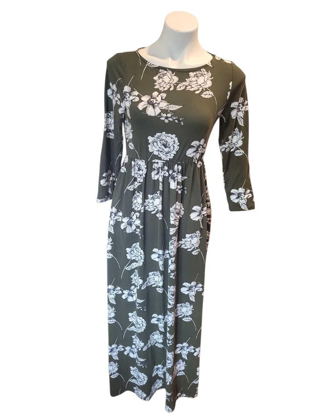 Emerald Olive Green Floral Maxi Dress with White Blooms